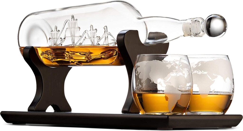 Godinger Ship In A Bottle Whiskey Decanter and Whiskey Glasses Bar Set